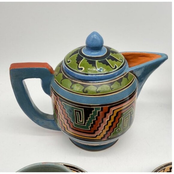 Mid-Century Hand-Painted Mexican Tlaquepaque Pottery Coffee & Tea Set 6 Cups - Picture 5 of 9